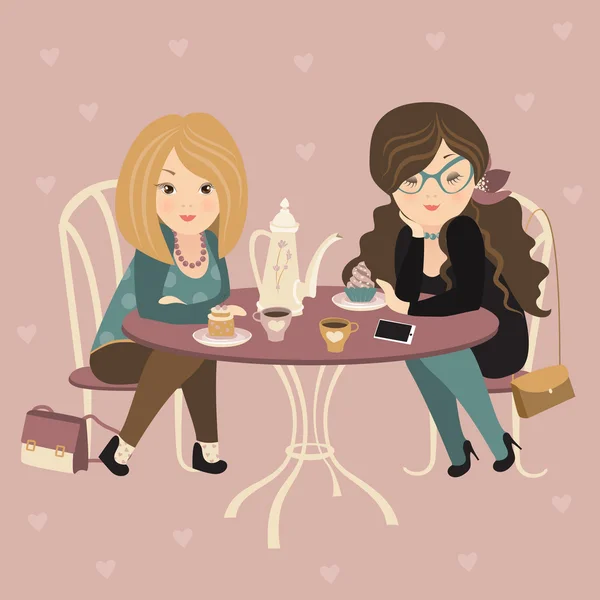 Δύο κορίτσια μόδα κουβέντα σε μια καφετέρια — Διανυσματικό Αρχείο