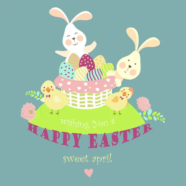 Húsvéti nyuszik, a csirke és a húsvéti tojás — Stock Vector