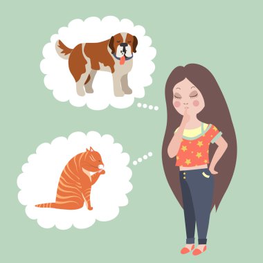 Girl thinking whom to choose. Cat or dog clipart