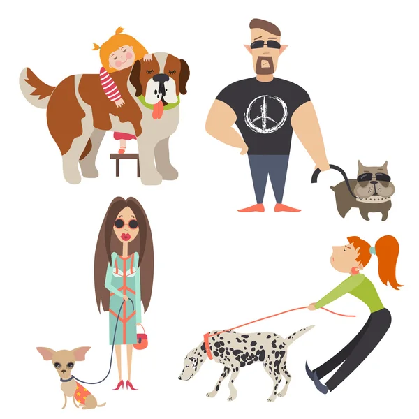 Cute dogs with their owners — Stock Vector