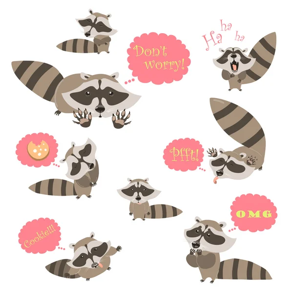 Collection of funny raccoons — Stock Vector