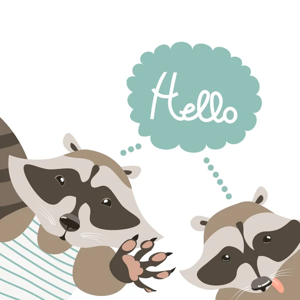 Funny raccoons say hello — Stock Vector