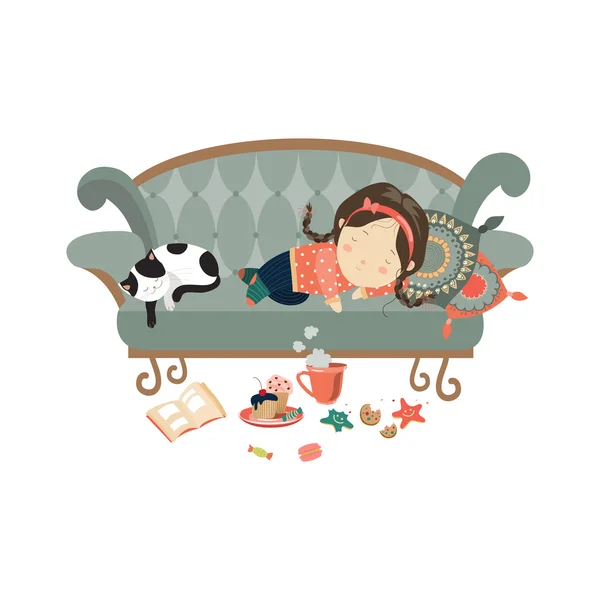 Chica dormida perezosa con gato — Vector de stock