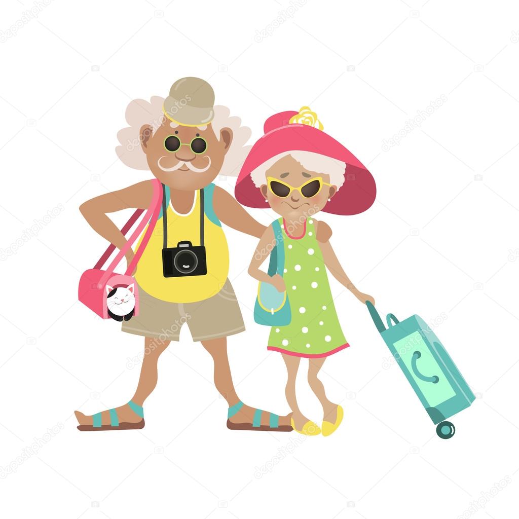 Illustration of an Elderly Couple Traveling Together with Luggage in Tow