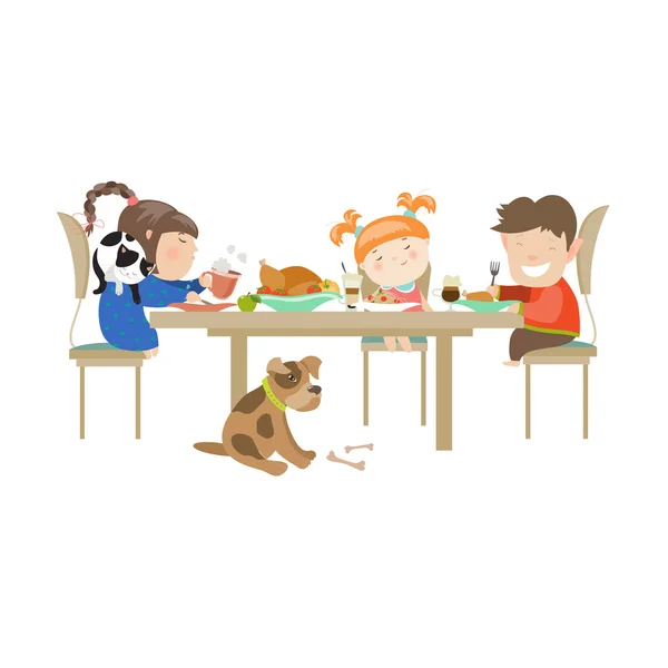 Illustration of children eating on a white background — Stok Vektör