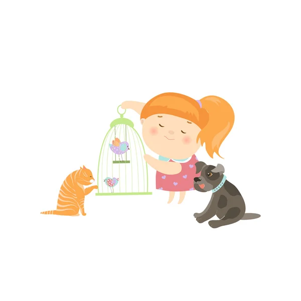 Cute Girl Surrounded by different Types of Pets — стоковый вектор