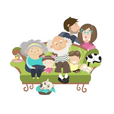Mutlu aile anne baba oğul kız büyükbaba ve büyükanne