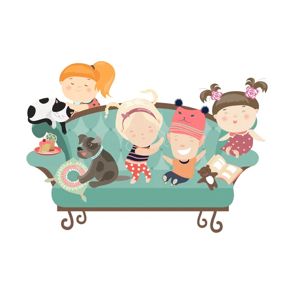 Enfants heureux assis sur le canapé — Image vectorielle
