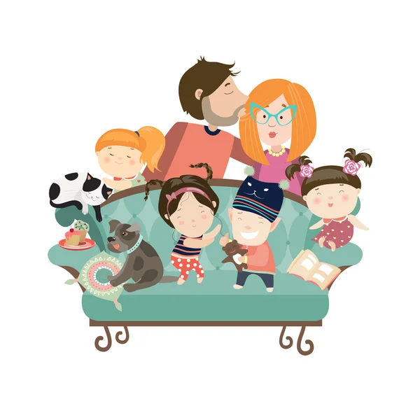 Crianças felizes com pais e animais de estimação — Vetor de Stock