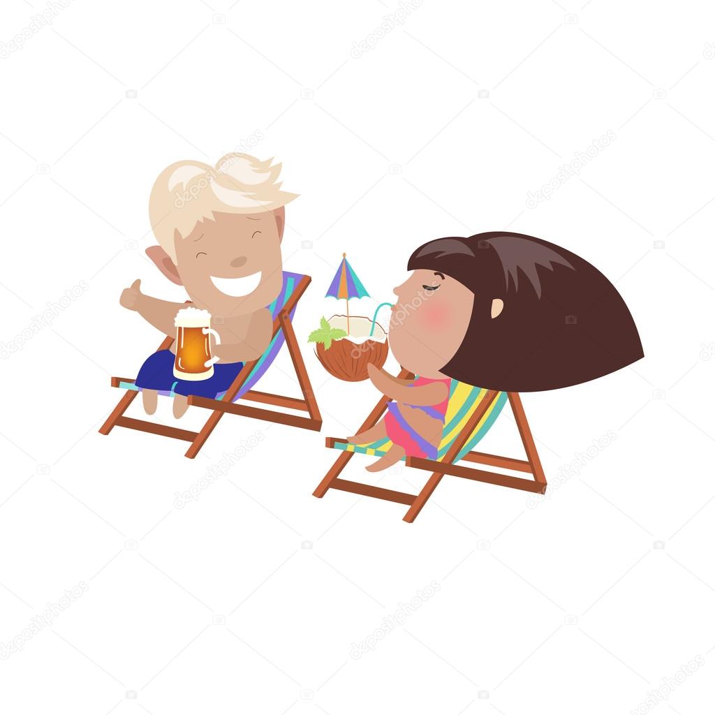 Couple drinking beverages sitting in the deck chairs