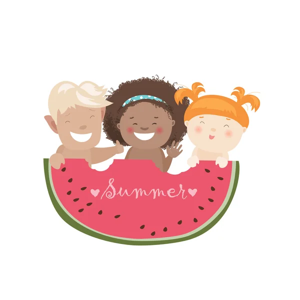 Legrační děti jíst meloun — Stockový vektor