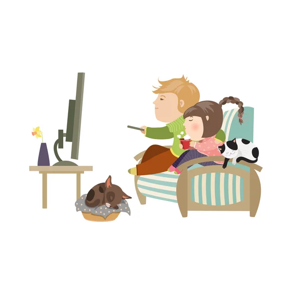 Casal assistindo televisão sentado no sofá — Vetor de Stock