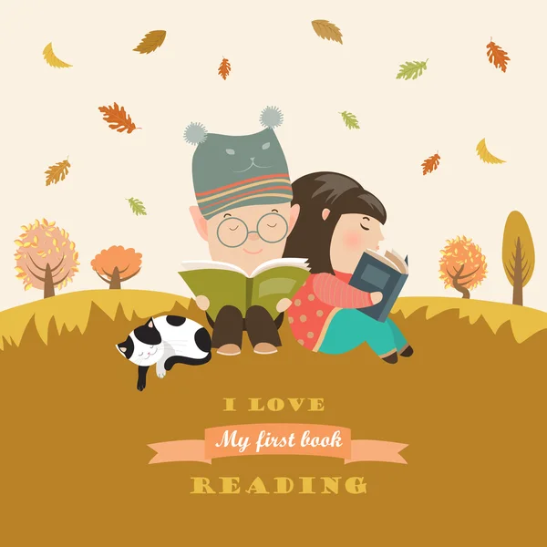 Niños leyendo libro en el prado de otoño — Vector de stock