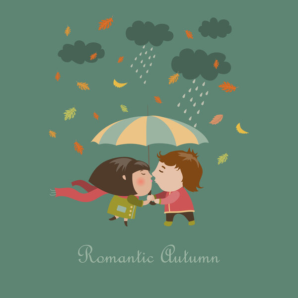 Boy and a girl kissing under umbrella