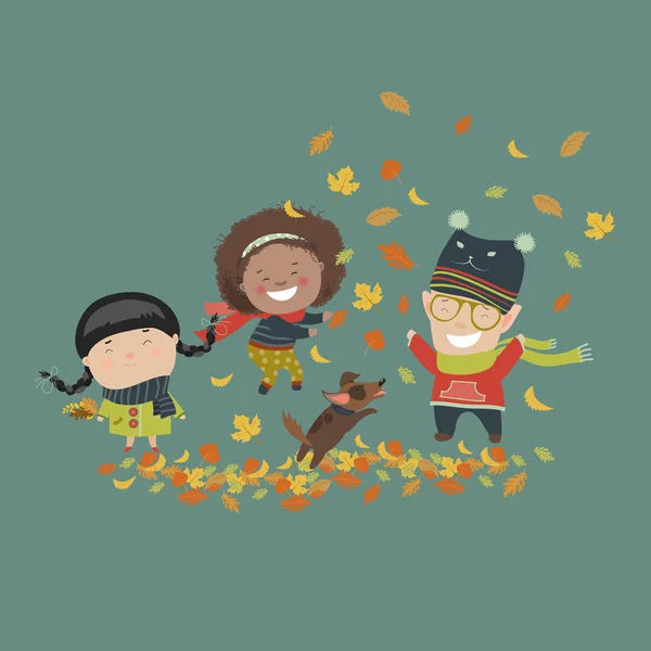 Niños jugando con hojas de otoño — Vector de stock