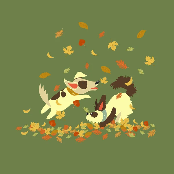 Anjing lucu bermain dengan daun musim gugur - Stok Vektor