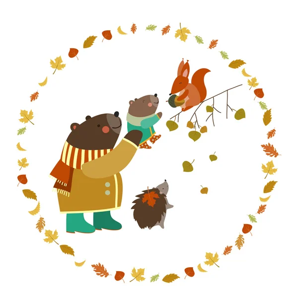 Bear, bear cub, squirrel and hedgehog walking in the autumn forest — Stock Vector