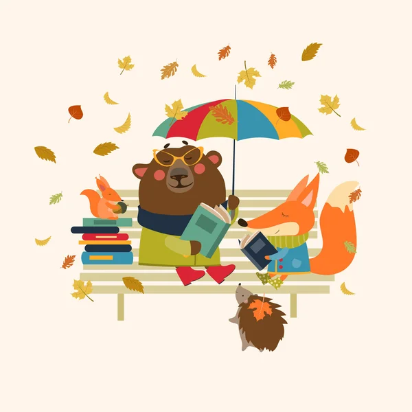 Mignon renard et drôle ours livres de lecture sur banc — Image vectorielle