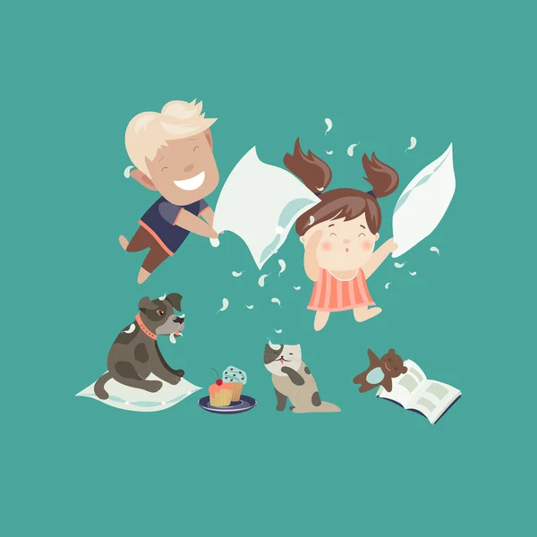 Funny kids having a pillow fight — Stock Vector