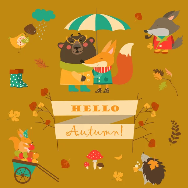 Set stripfiguren en herfst elementen — Stockvector