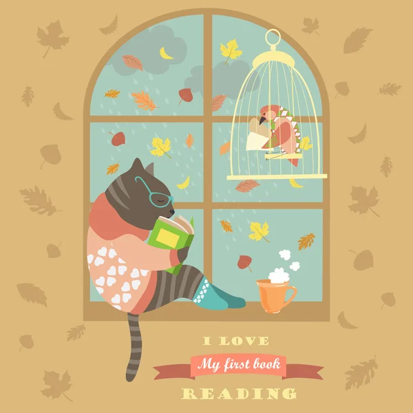 Забавное чтение кошки у окна — стоковый вектор