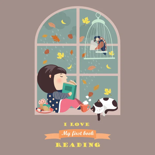 Girl reading by the window — Stock Vector