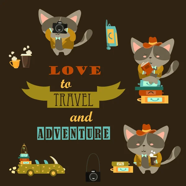 Conjunto de gatos viajeros — Vector de stock