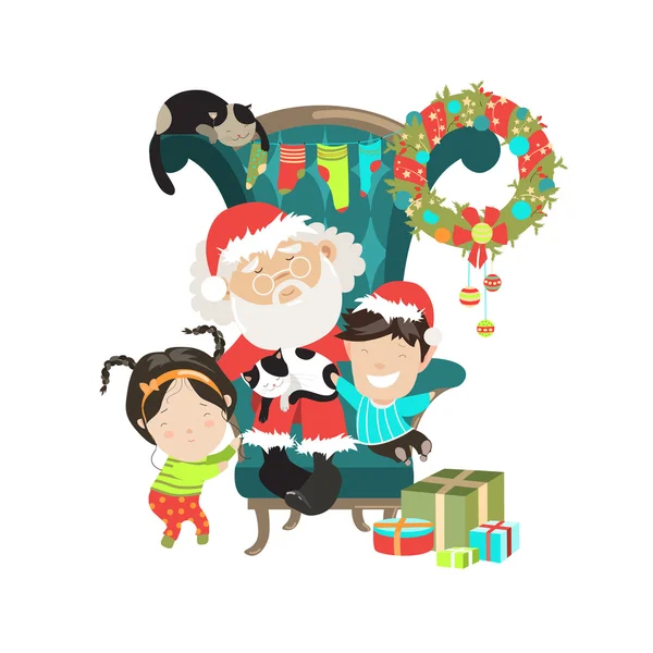 Santa Clause with happy kids — Stock Vector