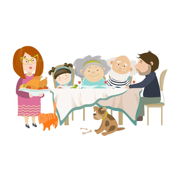 Portrait de grande famille assise à la table — Image vectorielle