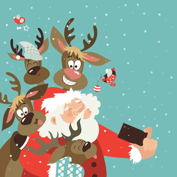 Santa Claus y renos se toman una selfie — Vector de stock