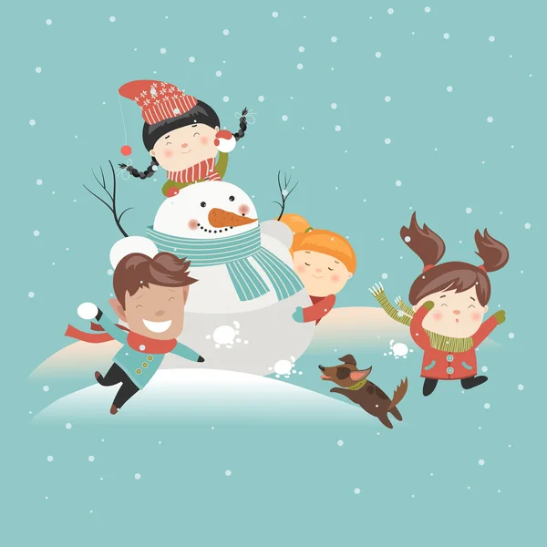 Funny kids playing snowball fight — Stock Illustration Funny kids playing snowball fight Stock Illustration