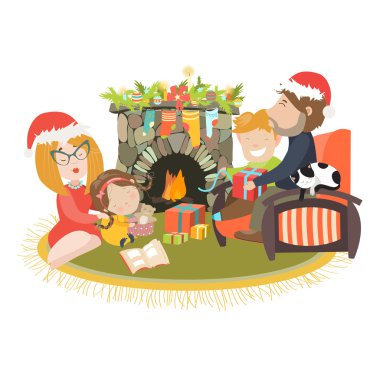 Family celebrating Christmas at fireplace