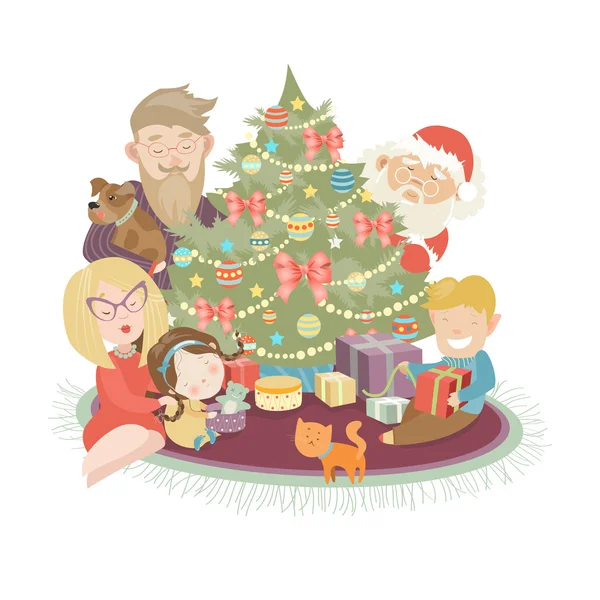 Family celebrating Christmas at the christmas tree — Διανυσματικό Αρχείο