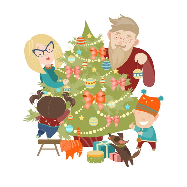 Family decorating a Christmas tree — Stock Vector