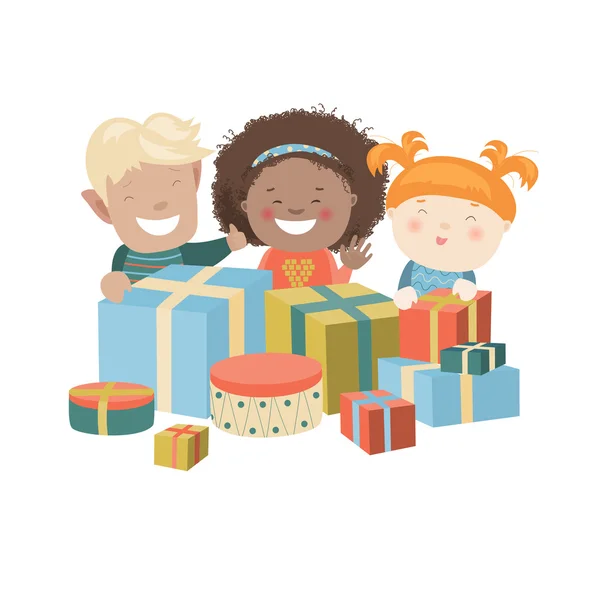 Ilustración de niños abriendo regalos de Navidad — Archivo Imágenes Vectoriales