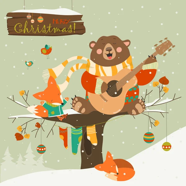 Schattige beer en weinig fox vieren Kerstmis — Stockvector