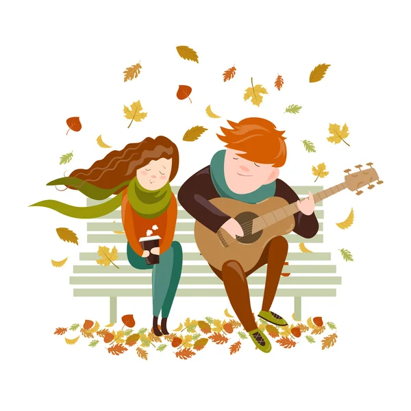 Хлопчик грає на гітарі для дівчини в осінньому парку — стоковий вектор