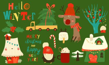 Sevimli Hayvanlar ve Noel Elementleriyle Vektör Çizgi Filmi