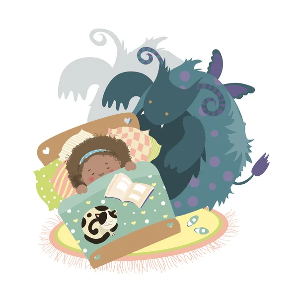 Monster sits at bed and frightened girl — Stock Vector
