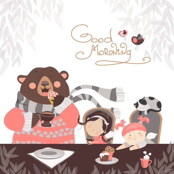 Девушки пьют чай с милым медведем — стоковый вектор