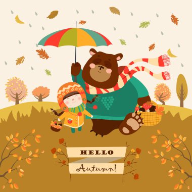 Kız ve ormandaki bir şemsiye altında yürüyüş bear