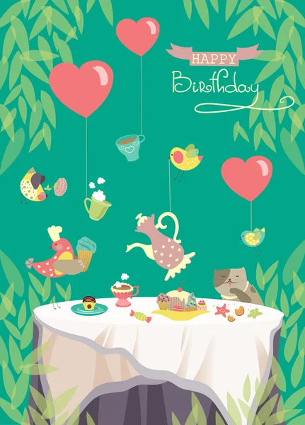 Születésnapi party-kártya, aranyos madarak és ünnepi étel-tábla — Stock Vector