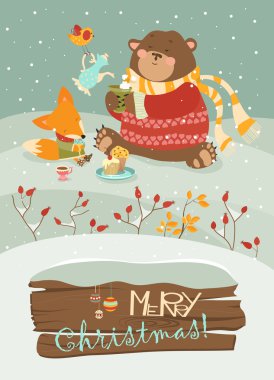 Sevimli ayı ve küçük kutluyor Noel tilki