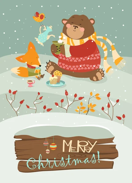 Carino orso e piccola volpe che celebra il Natale — Vettoriale Stock