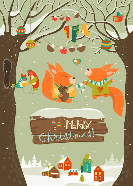 Esquilos bonitos comemorando o Natal — Vetor de Stock