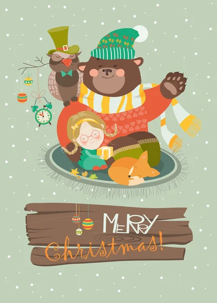 かわいい女の子、面白いクマとフクロウのクリスマスを祝う — ストックベクタ