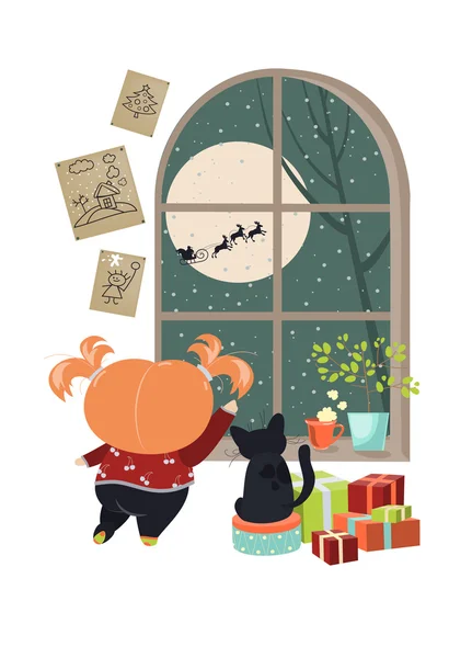 Little girl looking out of the window behind Santa Claus. — Stock Vector