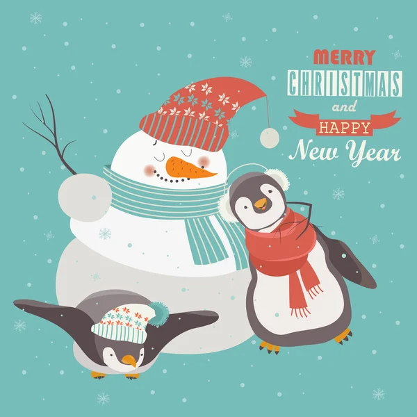 Pinguins engraçados com boneco de neve celebrando o Natal —  Vetores de Stock