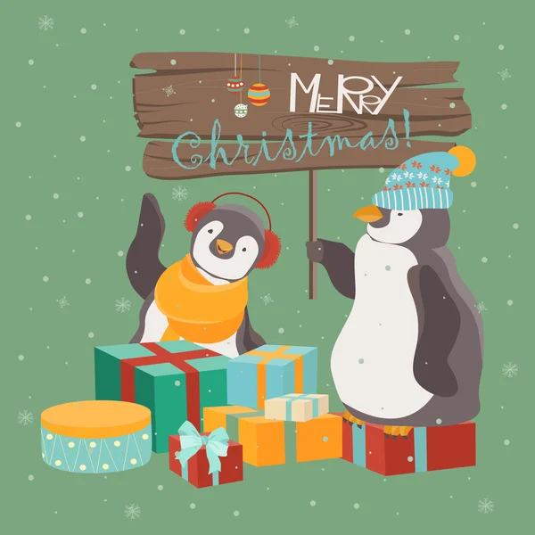 Забавные друзья пингвины празднуют Рождество — стоковый вектор