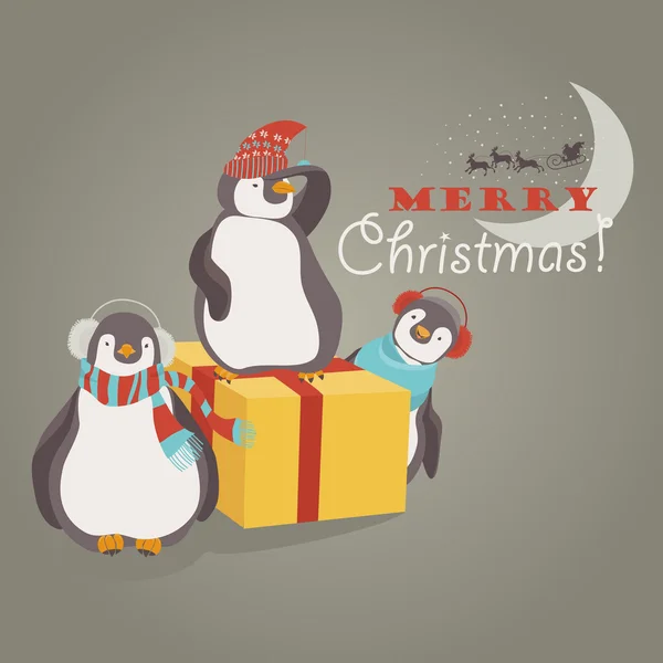 Divertidos pingüinos amigos celebrando la Navidad — Archivo Imágenes Vectoriales